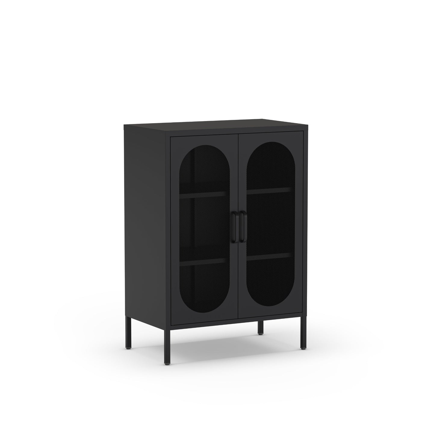 A modern black cabinet with two arched glass doors, two interior shelves, and slim black legs, shown on a plain white background.