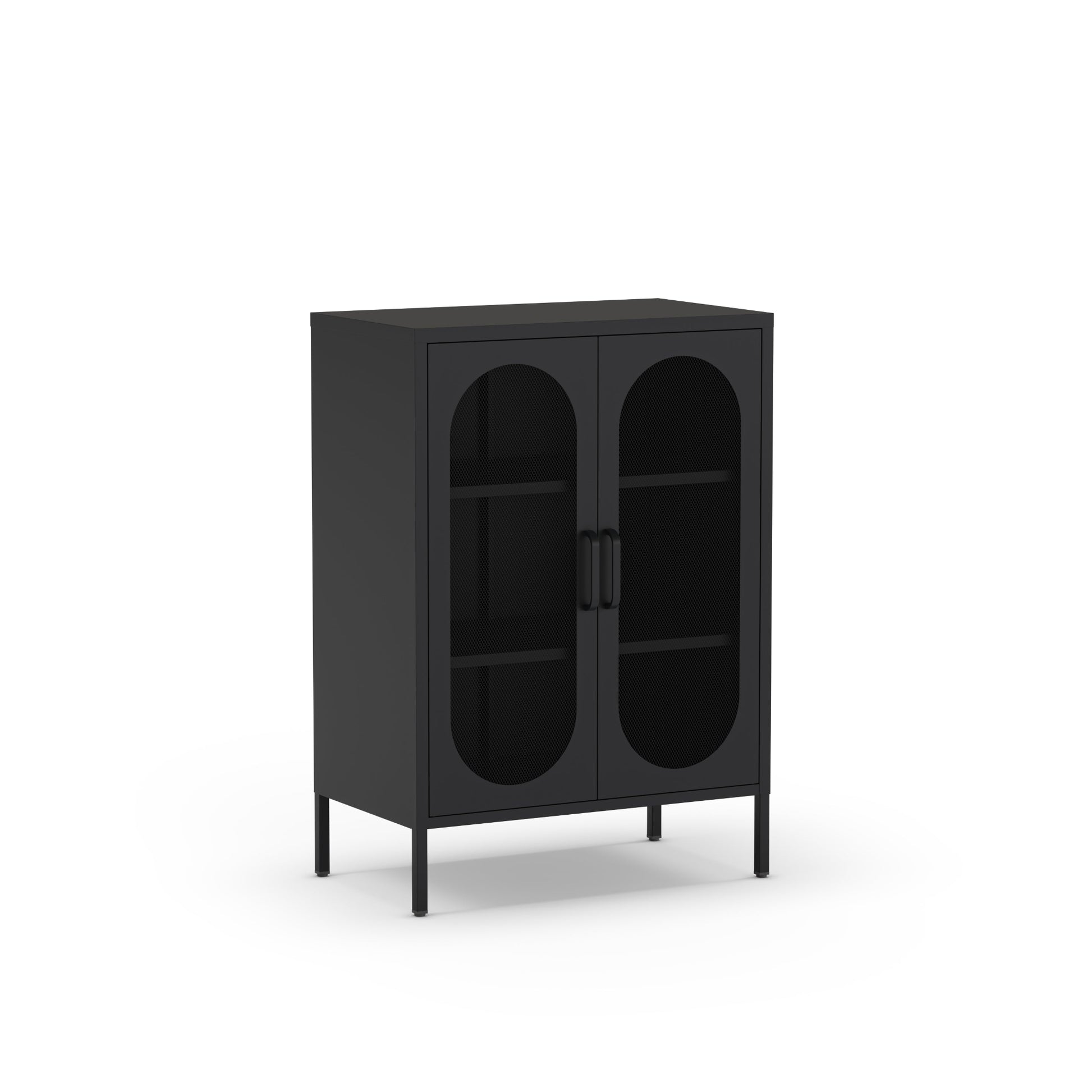 A modern black cabinet with two arched glass doors, two interior shelves, and slim black legs, shown on a plain white background.