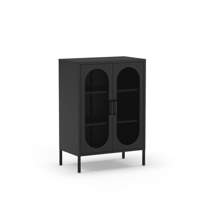 A modern black cabinet with two arched glass doors, two interior shelves, and slim black legs, shown on a plain white background.