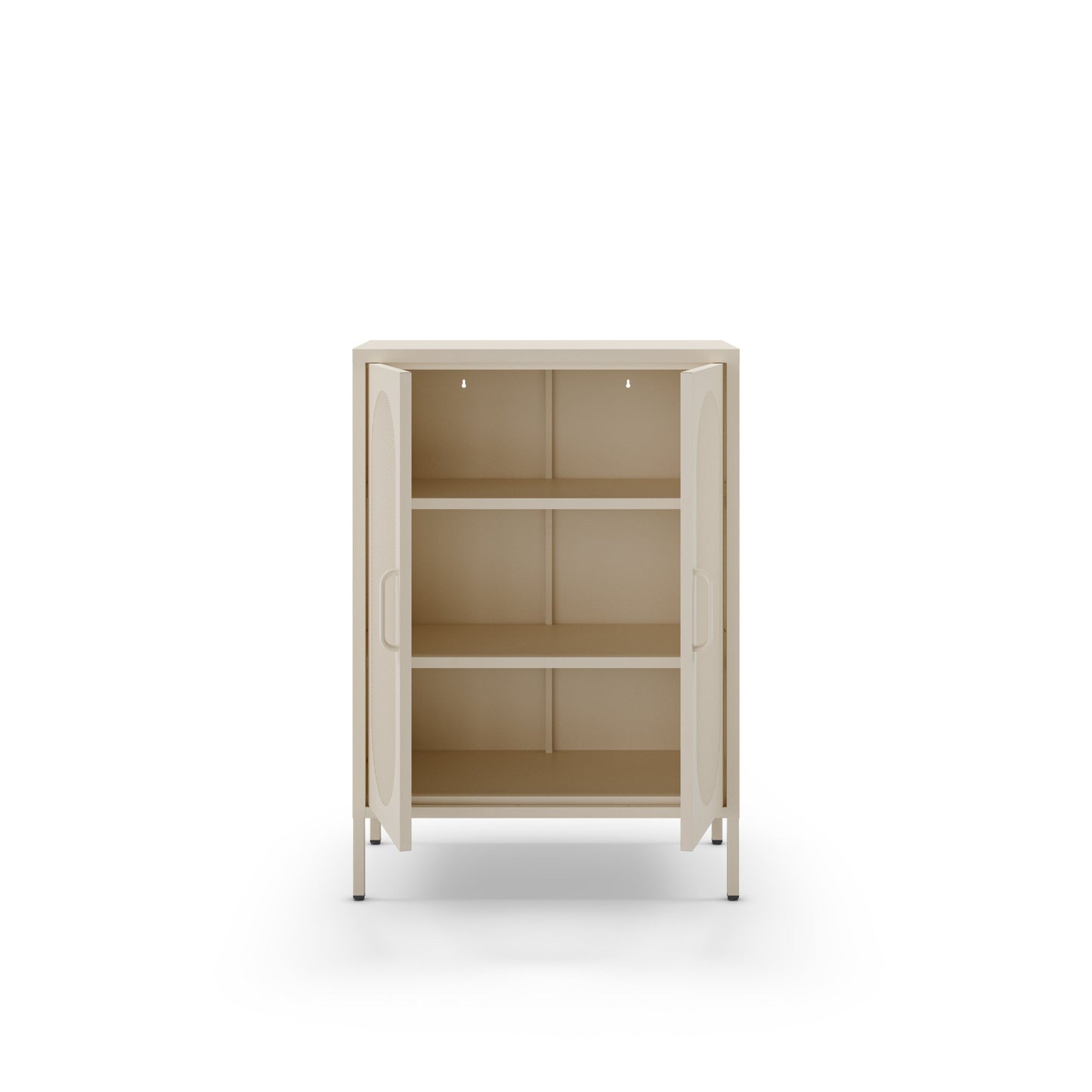 A light beige storage cabinet with two open doors and three interior shelves, shown against a plain white background.