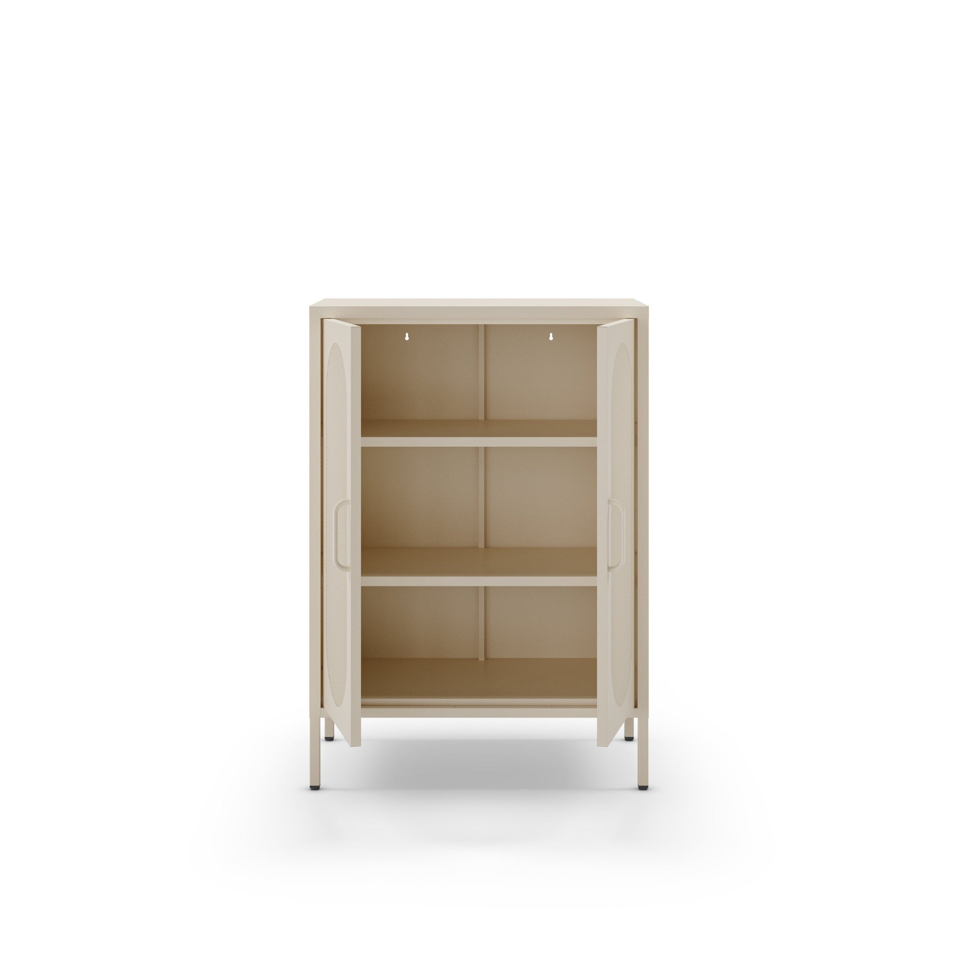 A light beige storage cabinet with two open doors and three interior shelves, shown against a plain white background.