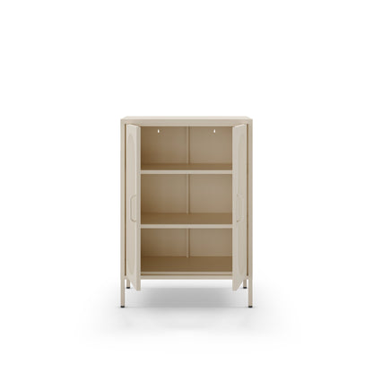 A light beige storage cabinet with two open doors and three interior shelves, shown against a plain white background.