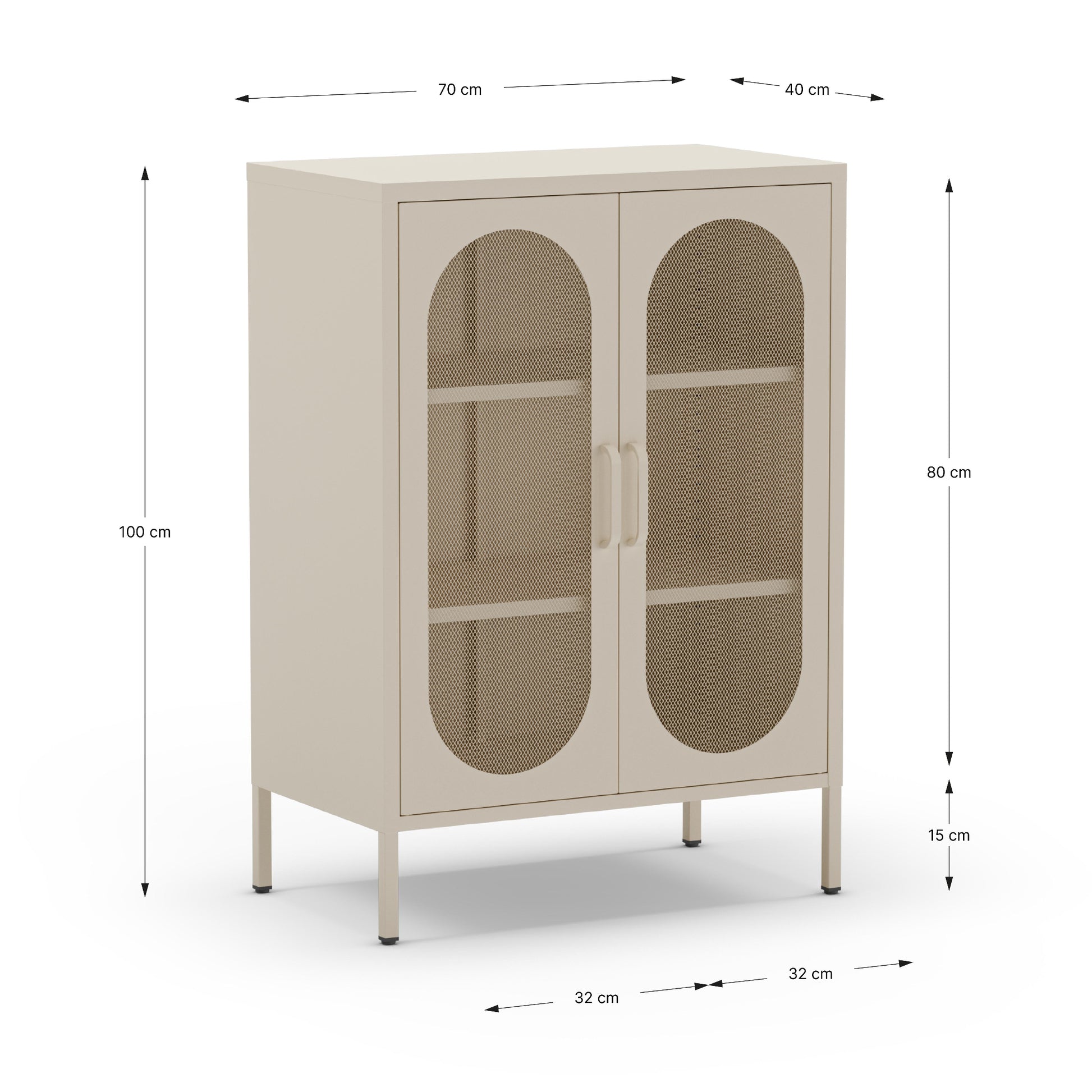 A beige metal storage cabinet with two arched mesh doors and interior shelves, shown with dimension callouts for width, height, and depth on a white background.