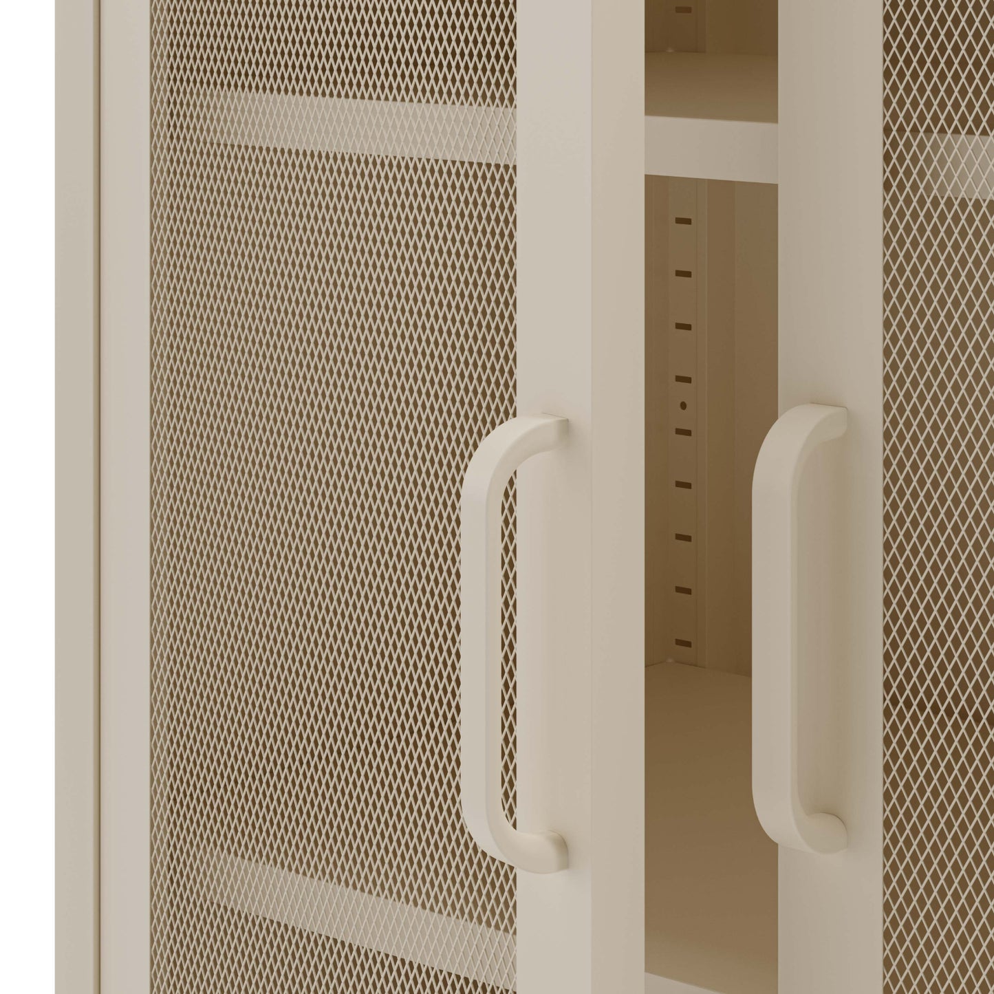 Beige mesh cabinet with white handles on a white background
