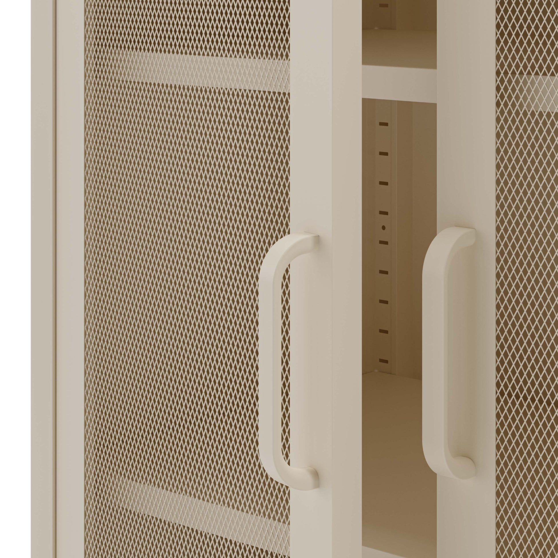 Beige mesh cabinet with white handles on a white background