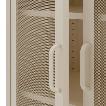 Beige mesh cabinet with white handles on a white background