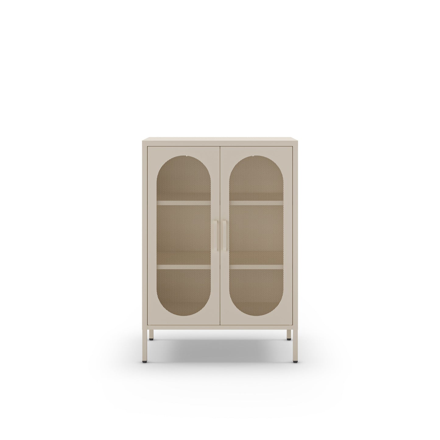 A modern two-door cabinet with arched glass doors and open shelves, finished in a light warm beige or cream tone, shown against a plain white background.