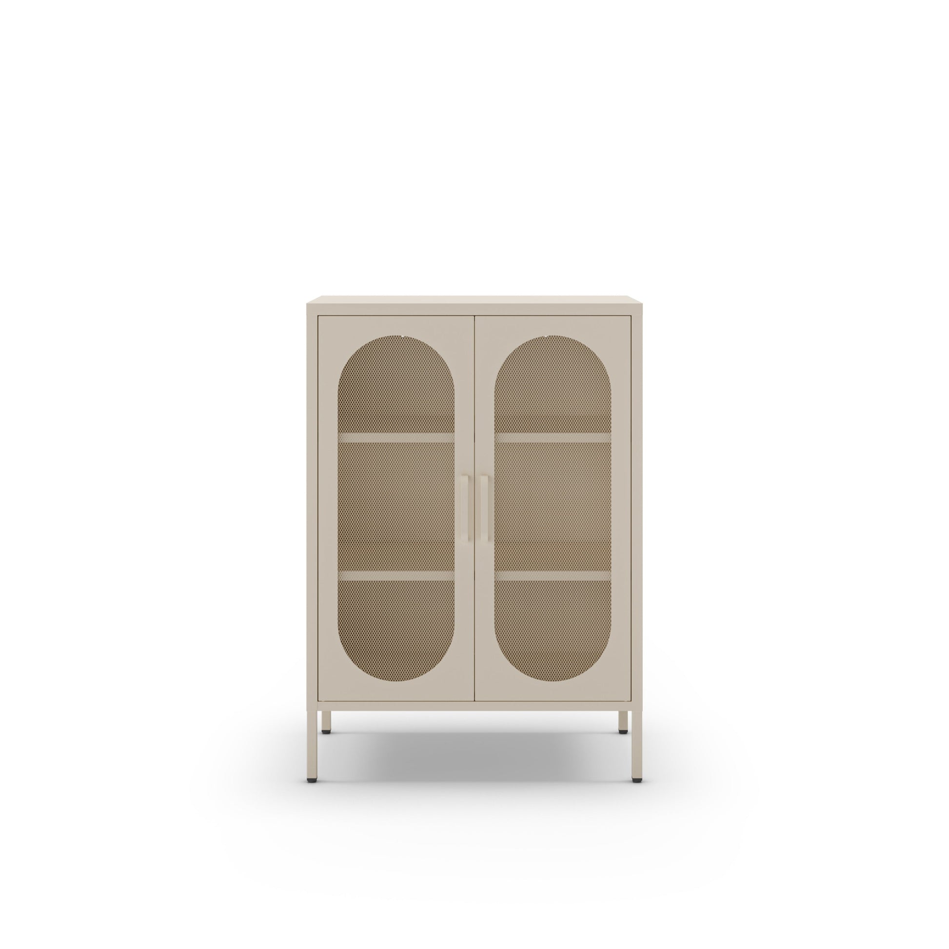 A modern two-door cabinet with arched glass doors and open shelves, finished in a light warm beige or cream tone, shown against a plain white background.