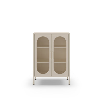 A modern two-door cabinet with arched glass doors and open shelves, finished in a light warm beige or cream tone, shown against a plain white background.