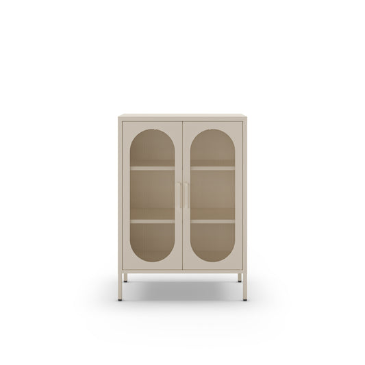 A modern two-door cabinet with arched glass doors and open shelves, finished in a light warm beige or cream tone, shown against a plain white background.