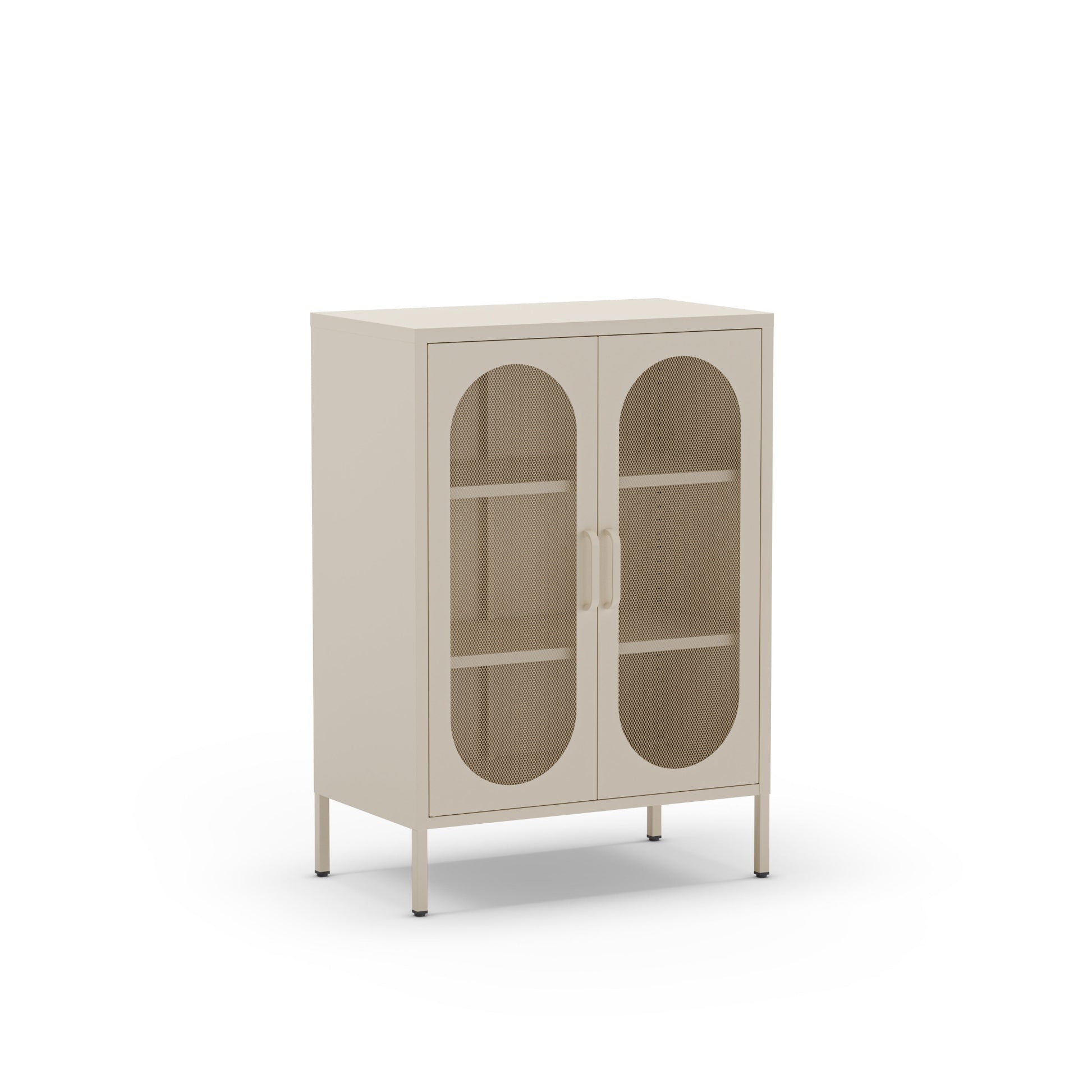 A modern two-door cabinet with arched glass doors, open shelves, and slim legs, shown on a plain white background.