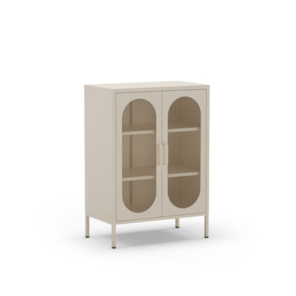 A modern two-door cabinet with arched glass doors, open shelves, and slim legs, shown on a plain white background.