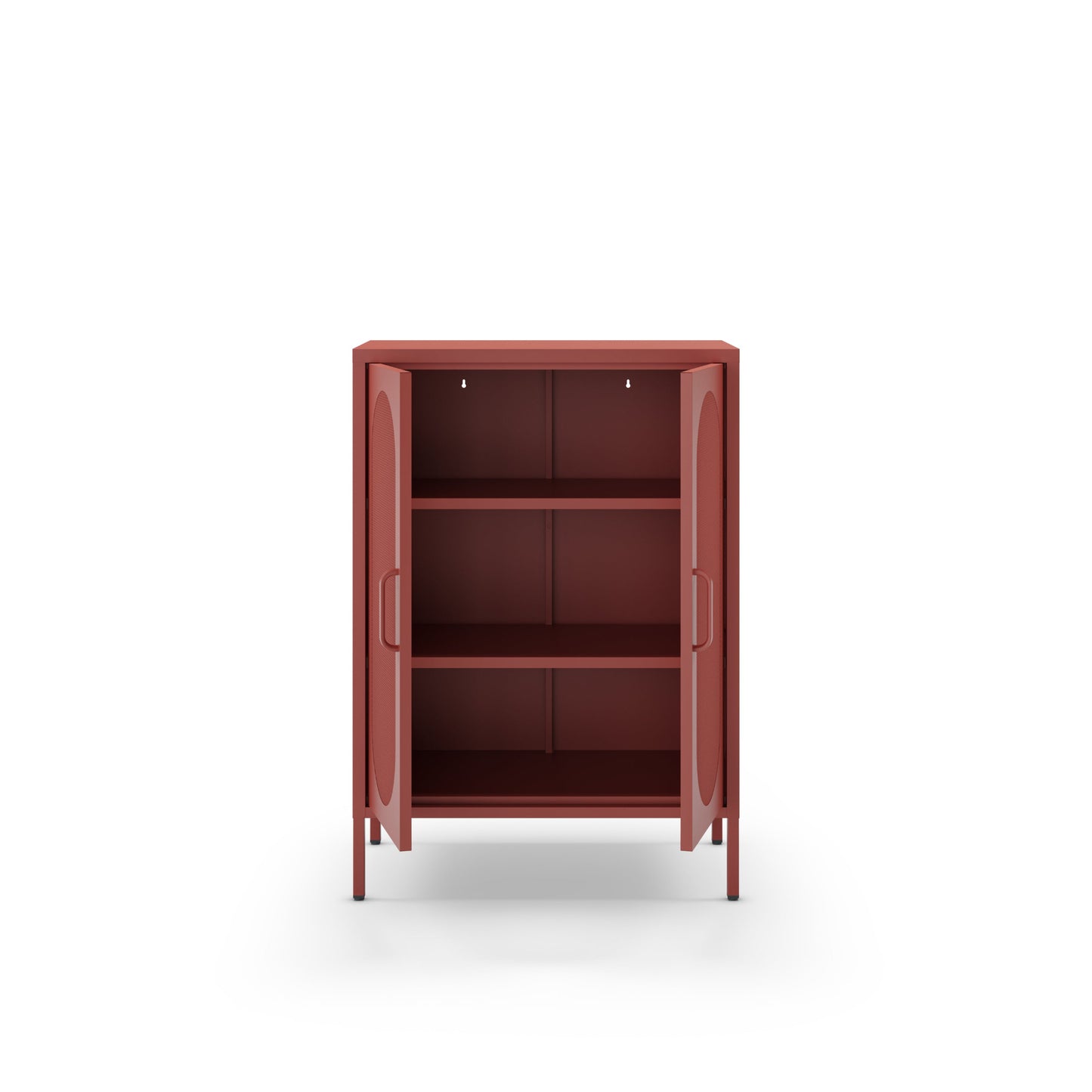 A small two-door cabinet in a muted terracotta red color, shown open with three interior shelves. The cabinet has a minimalist design with slim handles and is photographed against a solid white background.