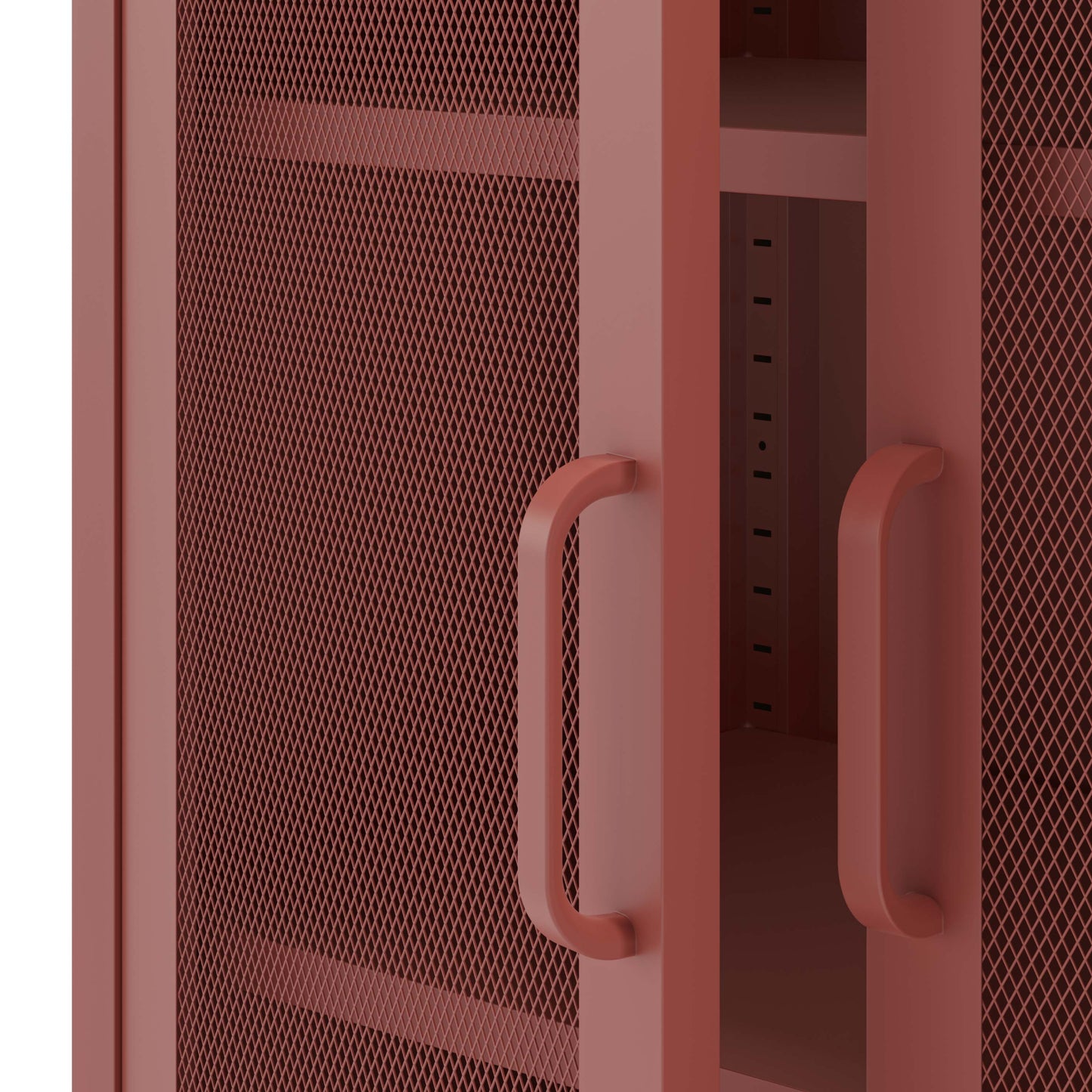 Close-up of a dusty rose metal storage cabinet with a perforated mesh door, a solid side panel, and matching curved handles.