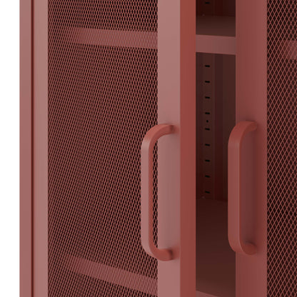 Close-up of a dusty rose metal storage cabinet with a perforated mesh door, a solid side panel, and matching curved handles.