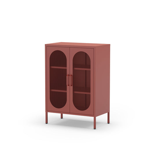 A modern two-door cabinet in a terracotta red finish, featuring arched glass doors with two handles and open shelving inside, set against a plain white background.