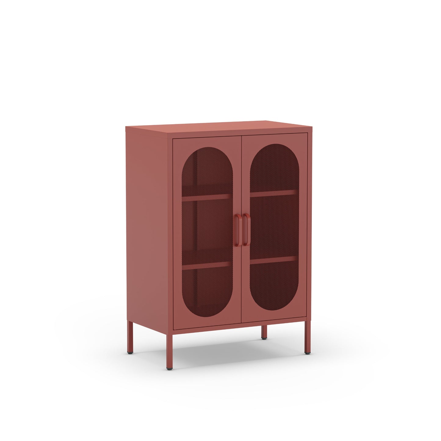 A modern two-door cabinet in a terracotta red finish, featuring arched glass doors with two handles and open shelving inside, set against a plain white background.