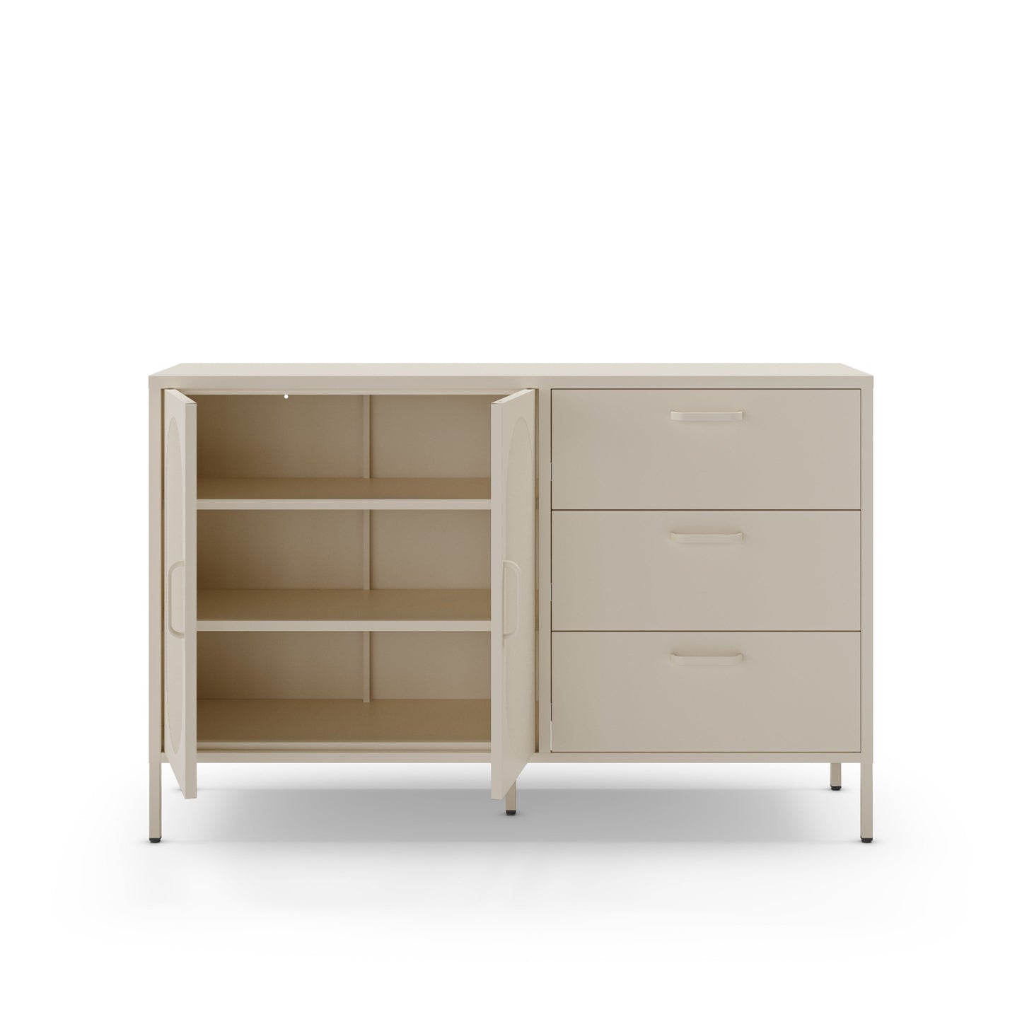 A modern sideboard cabinet in a light beige finish, featuring one open door with three interior shelves on the left and three drawers on the right, set against a plain white background.