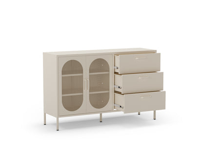 A modern sideboard cabinet in a light beige finish, featuring two oval glass-front doors and three stacked drawers on the right side, shown on a plain white background.