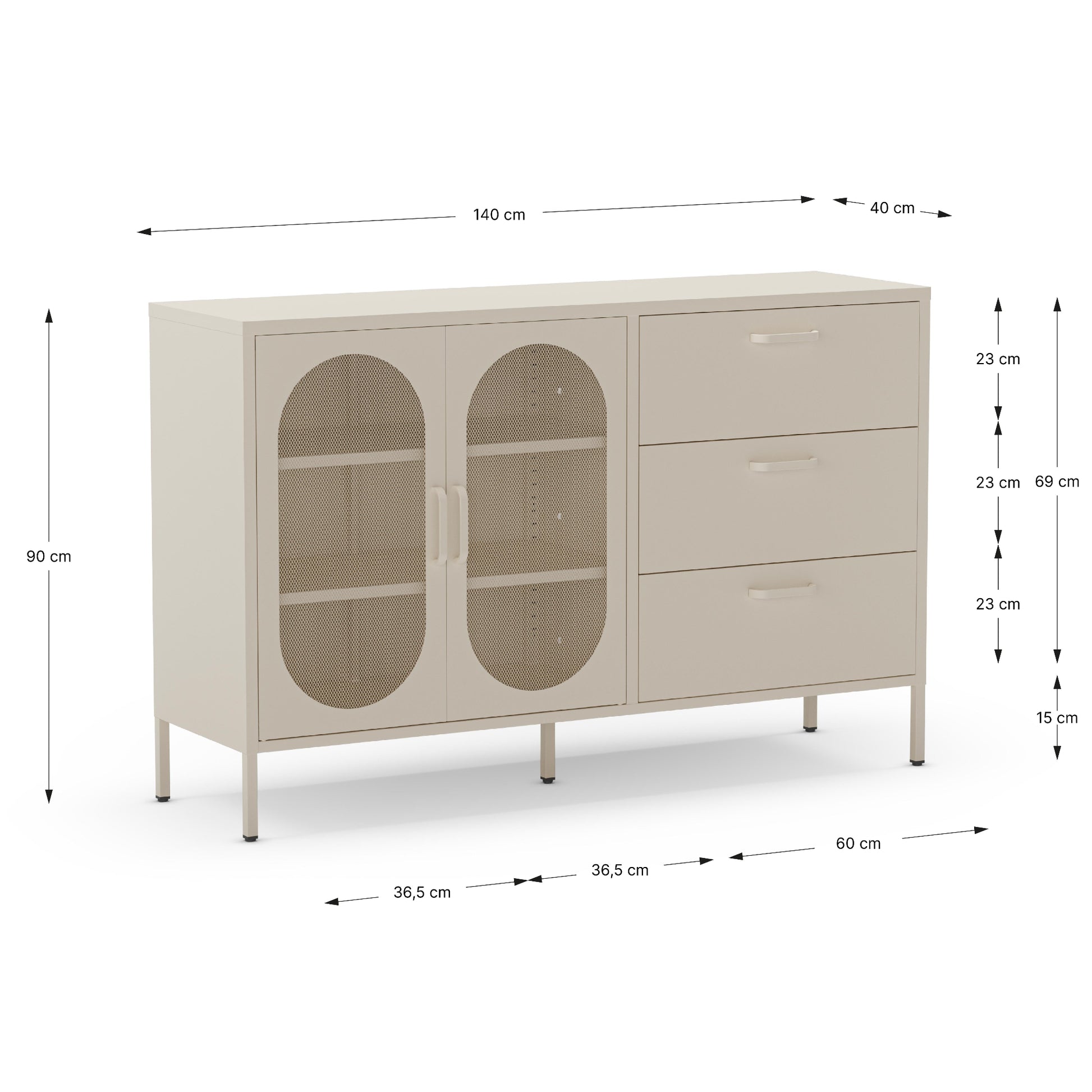 A beige metal sideboard cabinet with two oval glass doors and three drawers, shown with dimension lines and labels indicating measurements of 140 cm width, 90 cm height, 60 cm depth, and 60 cm drawer width.