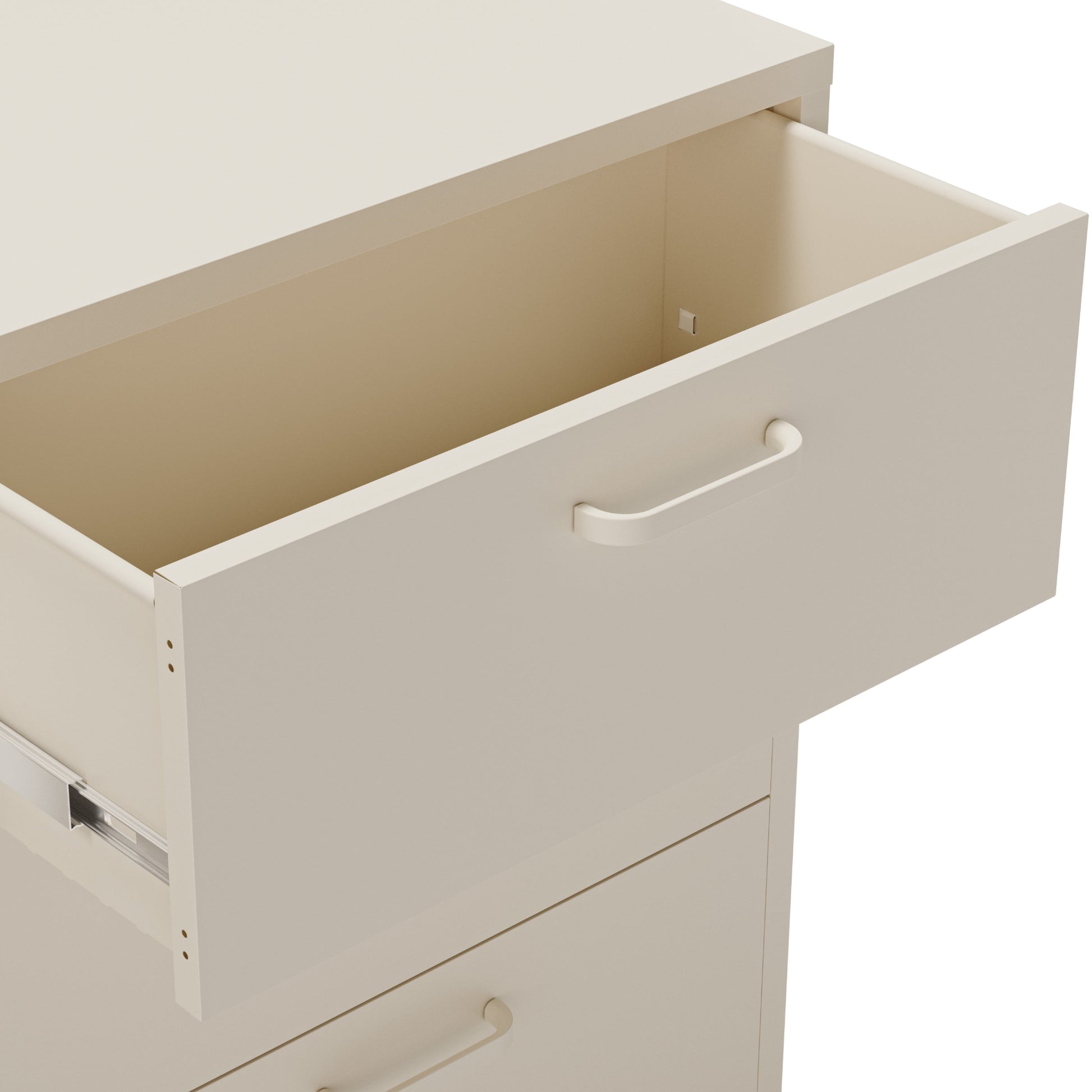 A close-up of a light beige or off-white drawer unit with one top drawer pulled open, showing a metal pull handle and interior, on a white background.