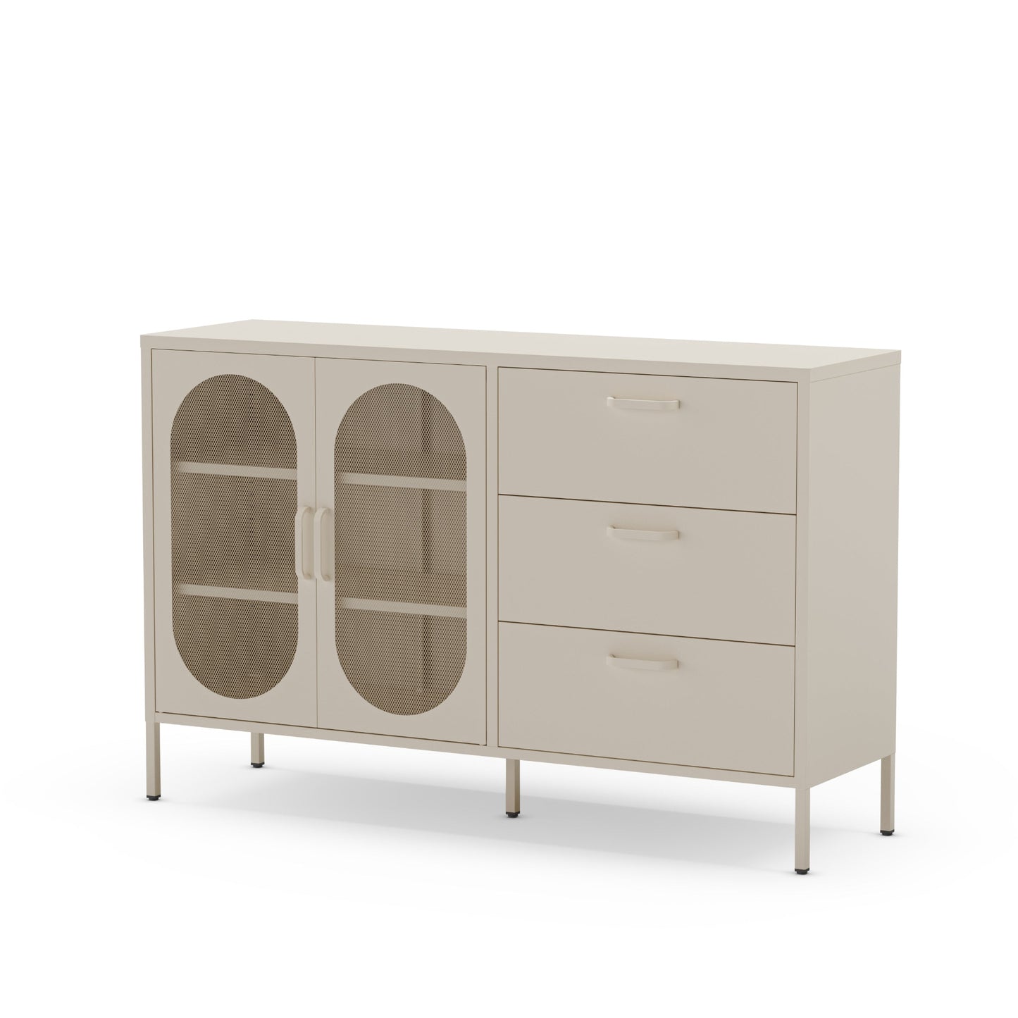 Beige sideboard with glass doors and drawers on a white background