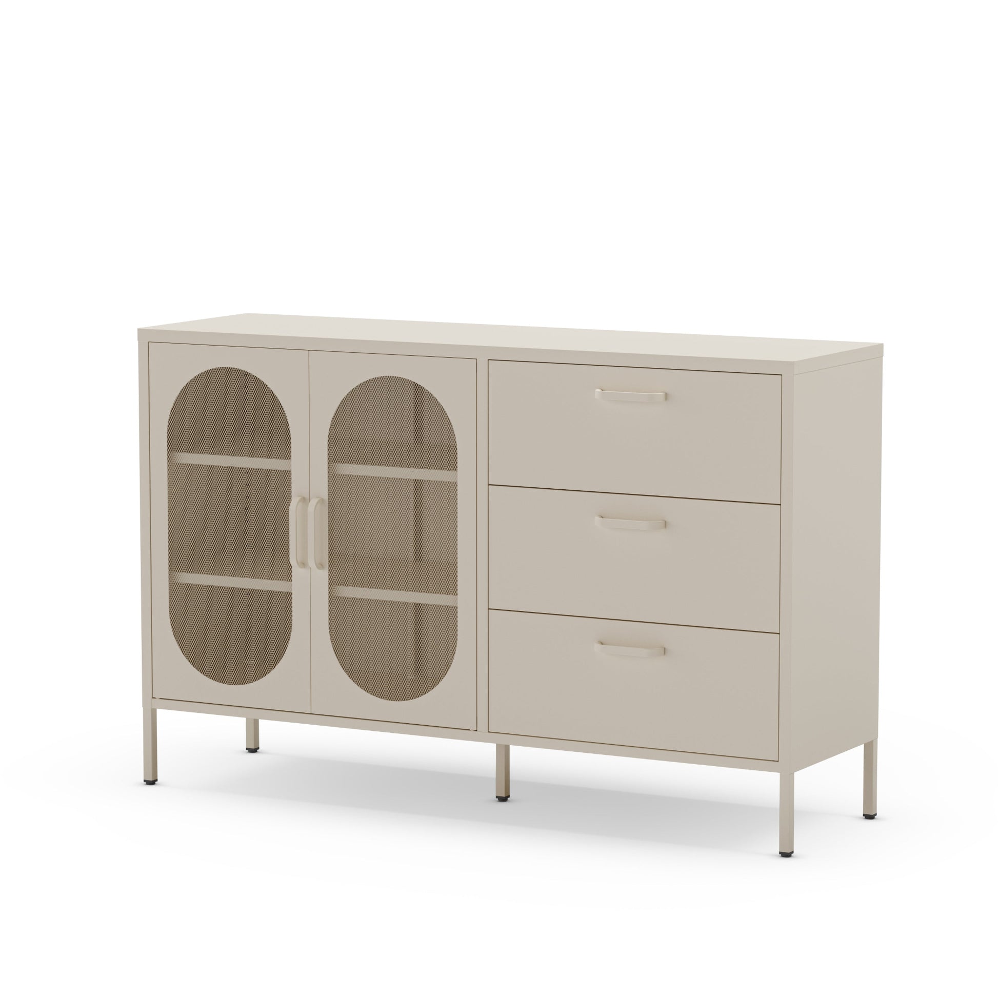 Beige sideboard with glass doors and drawers on a white background