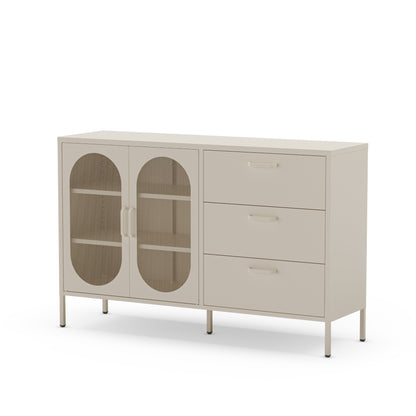 Beige sideboard with glass doors and drawers on a white background