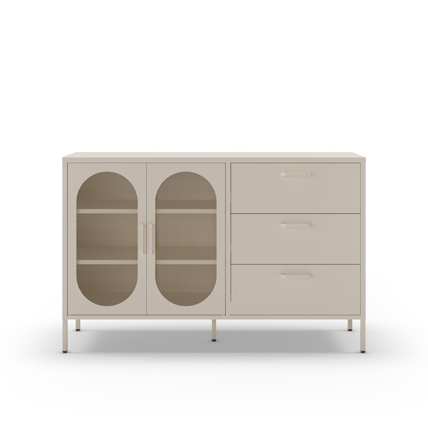 A modern sideboard cabinet with two glass-front doors on the left and three drawers on the right, finished in a light warm gray or greige tone with slim metal handles and legs.
