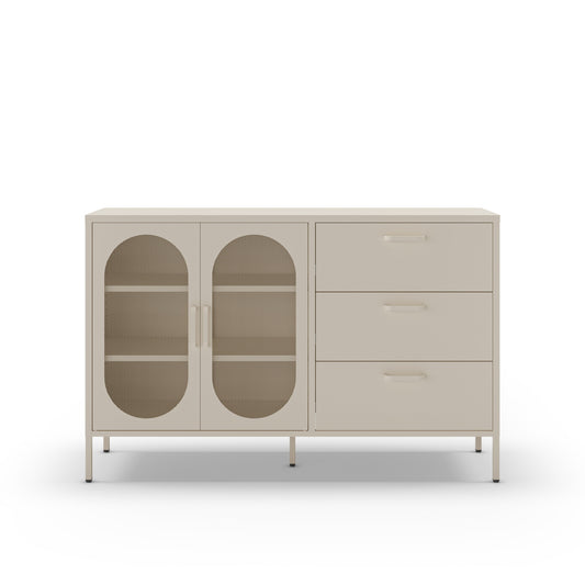 A modern sideboard cabinet with two glass-front doors on the left and three drawers on the right, finished in a light warm gray or greige tone with slim metal handles and legs.