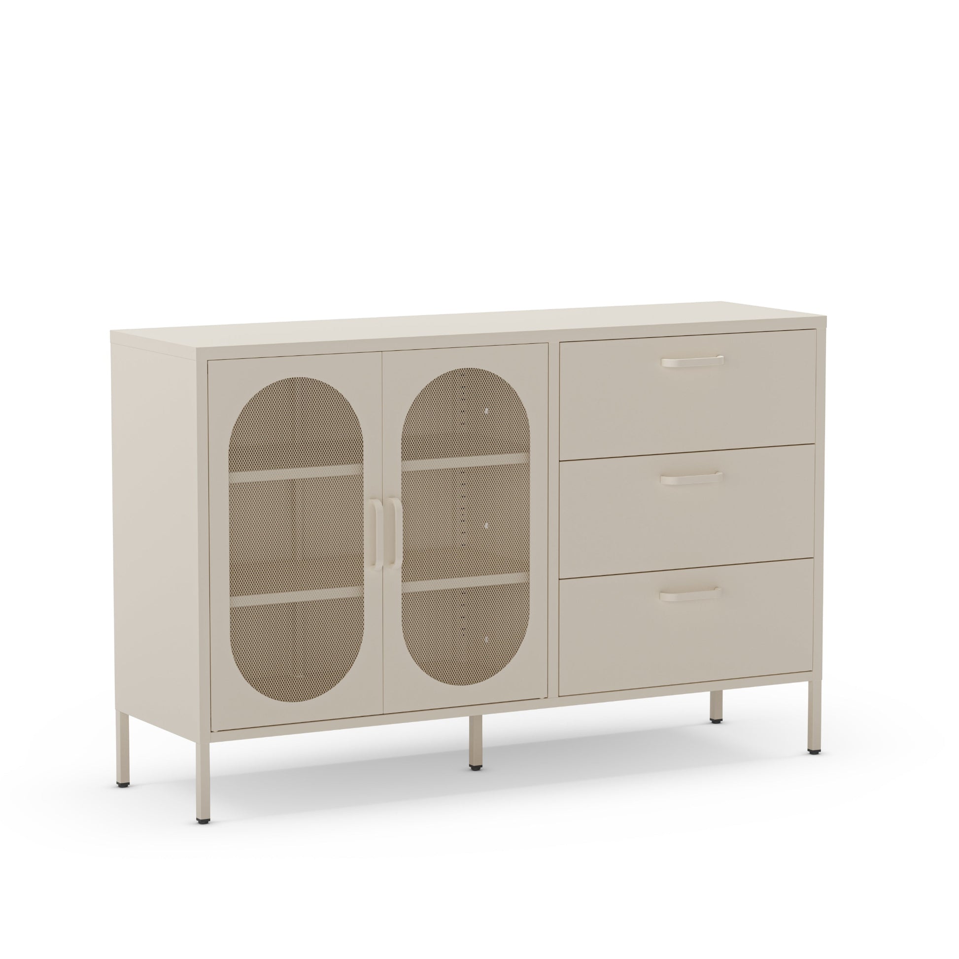 A modern sideboard cabinet in a light beige finish, featuring two oval glass doors with shelves on the left and three drawers on the right, supported by slim metal legs.
