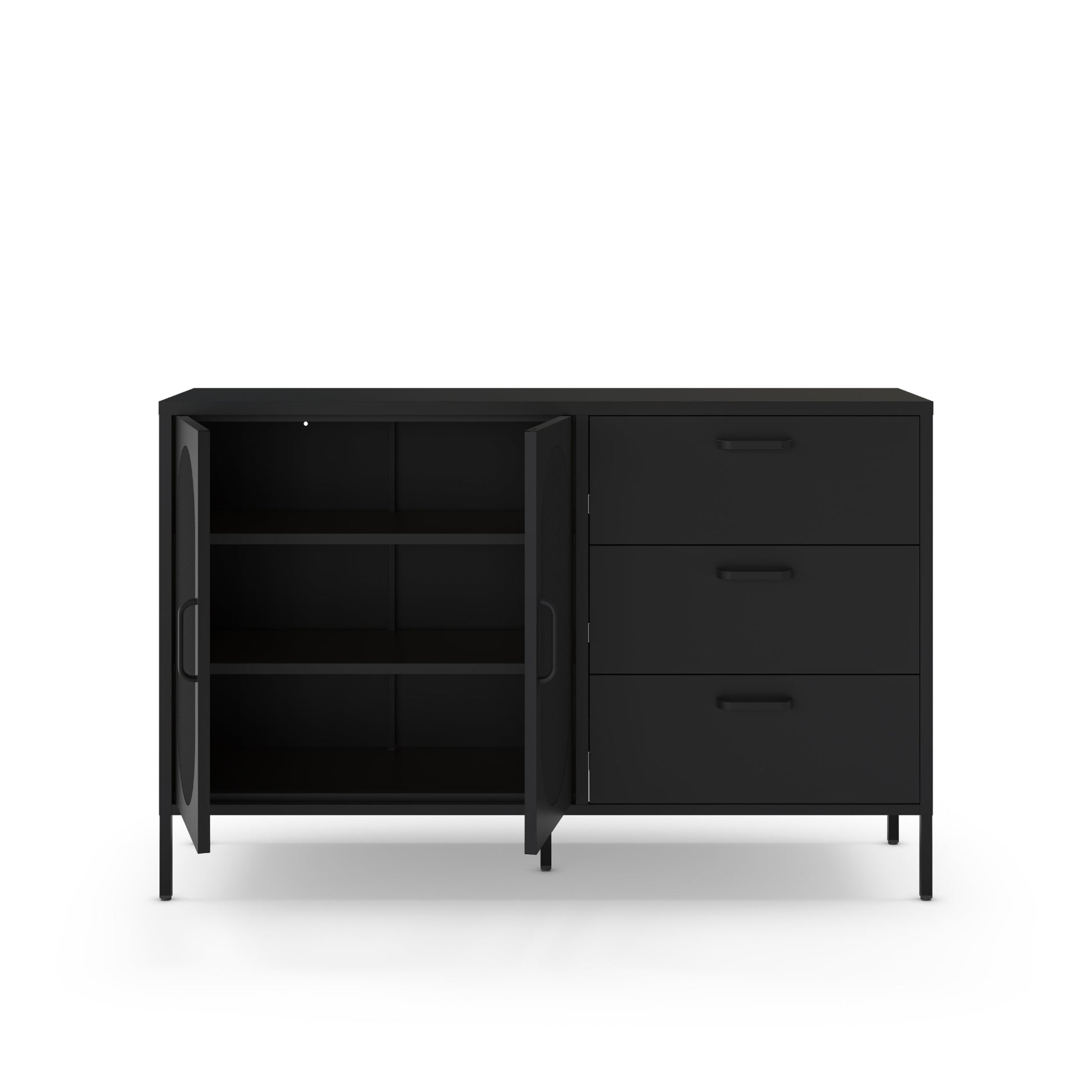 A modern dark navy blue storage cabinet with three drawers on the right and two open doors on the left, showing three interior shelves, set against a plain white background.