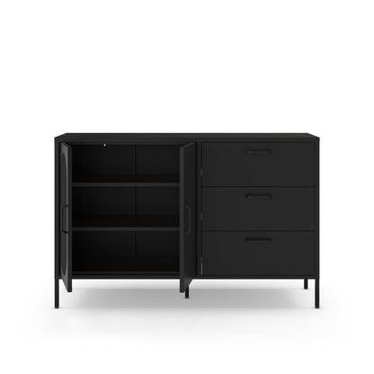 A modern dark navy blue storage cabinet with three drawers on the right and two open doors on the left, showing three interior shelves, set against a plain white background.