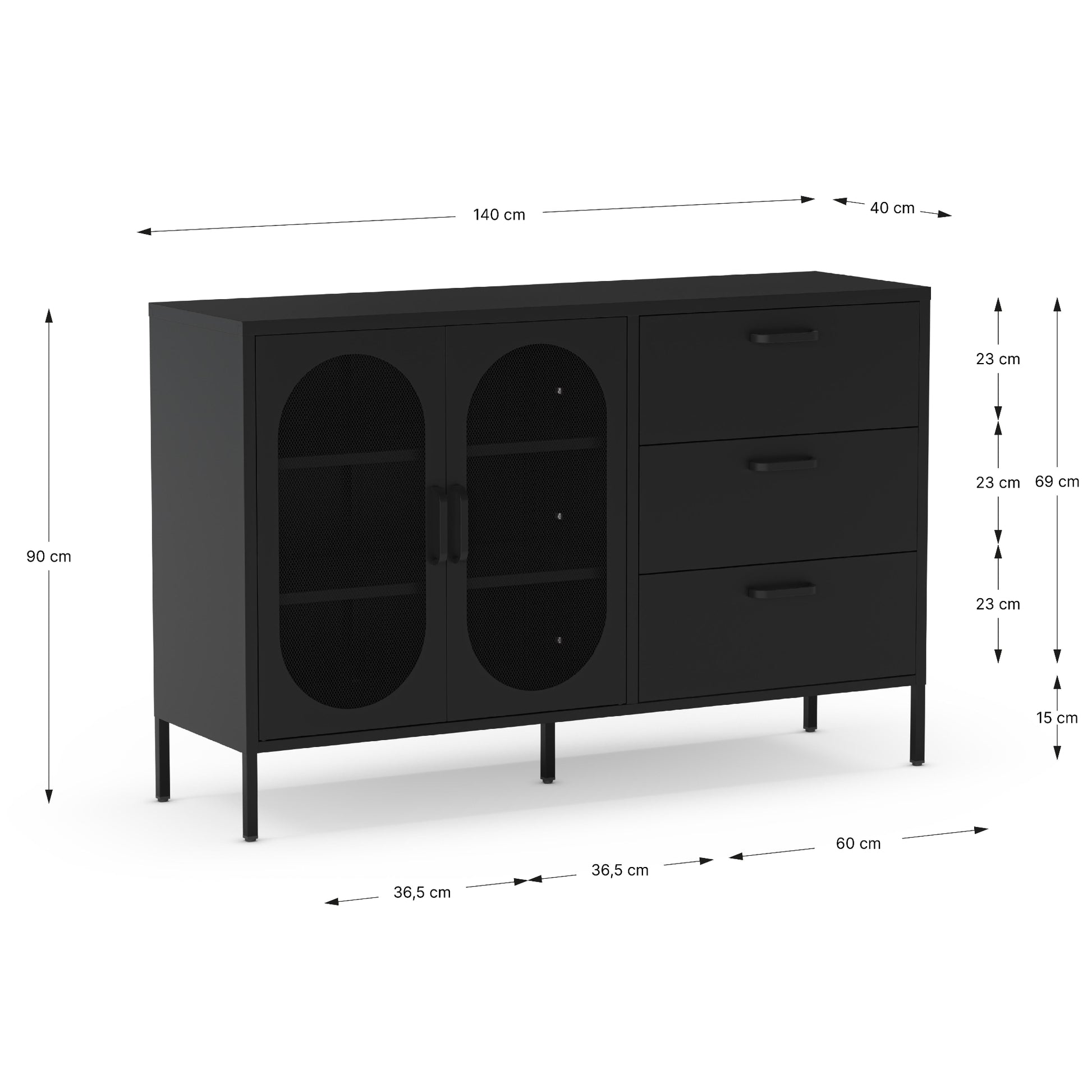 Black sideboard cabinet with two oval glass-front doors and three drawers, shown with dimension callouts on a white background.