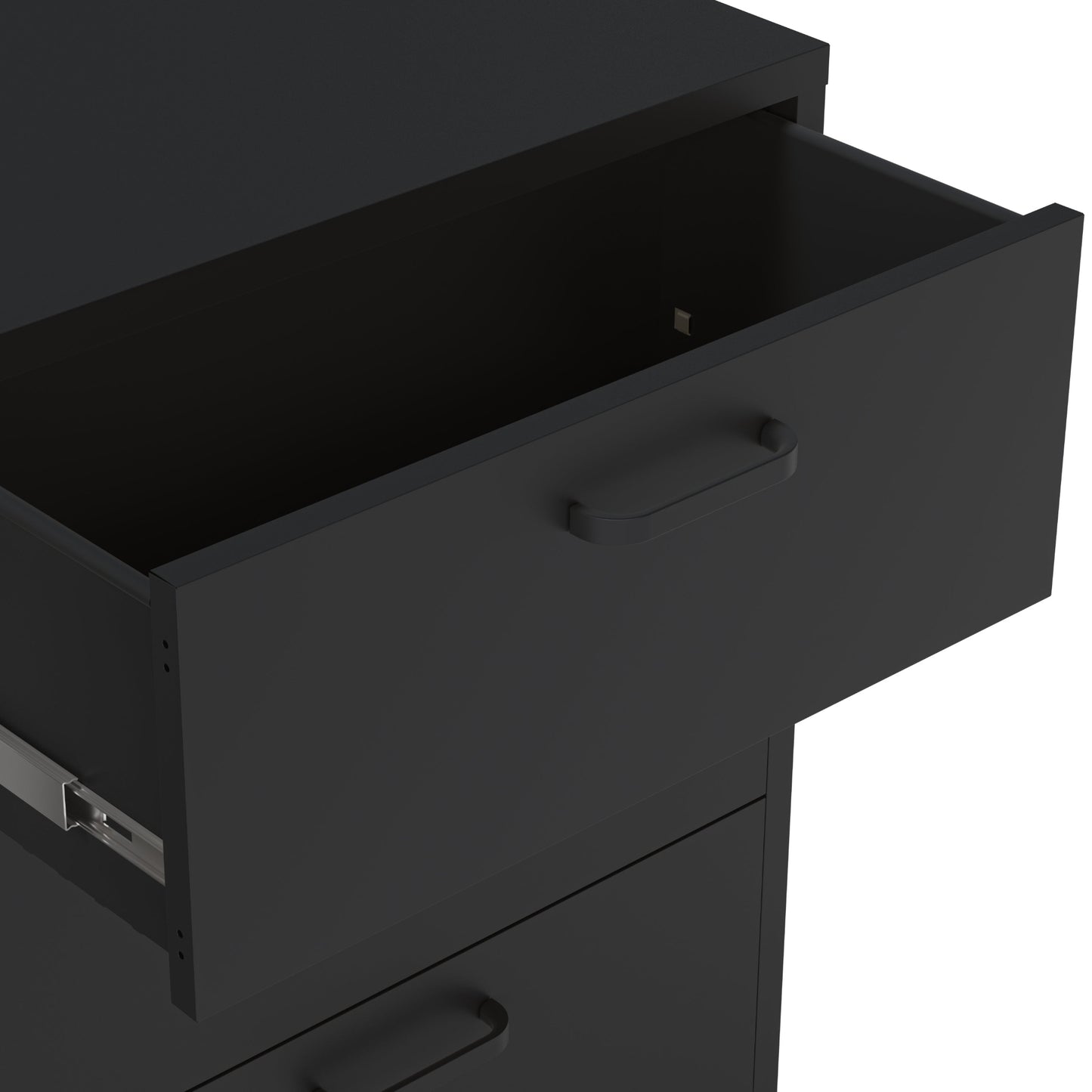 A close-up of a dark charcoal gray drawer unit with one top drawer pulled open, showing a slim pull handle and a metal pull-out shelf on the side.