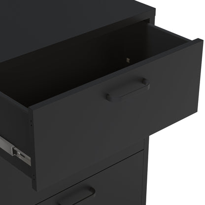 A close-up of a dark charcoal gray drawer unit with one top drawer pulled open, showing a slim pull handle and a metal pull-out shelf on the side.