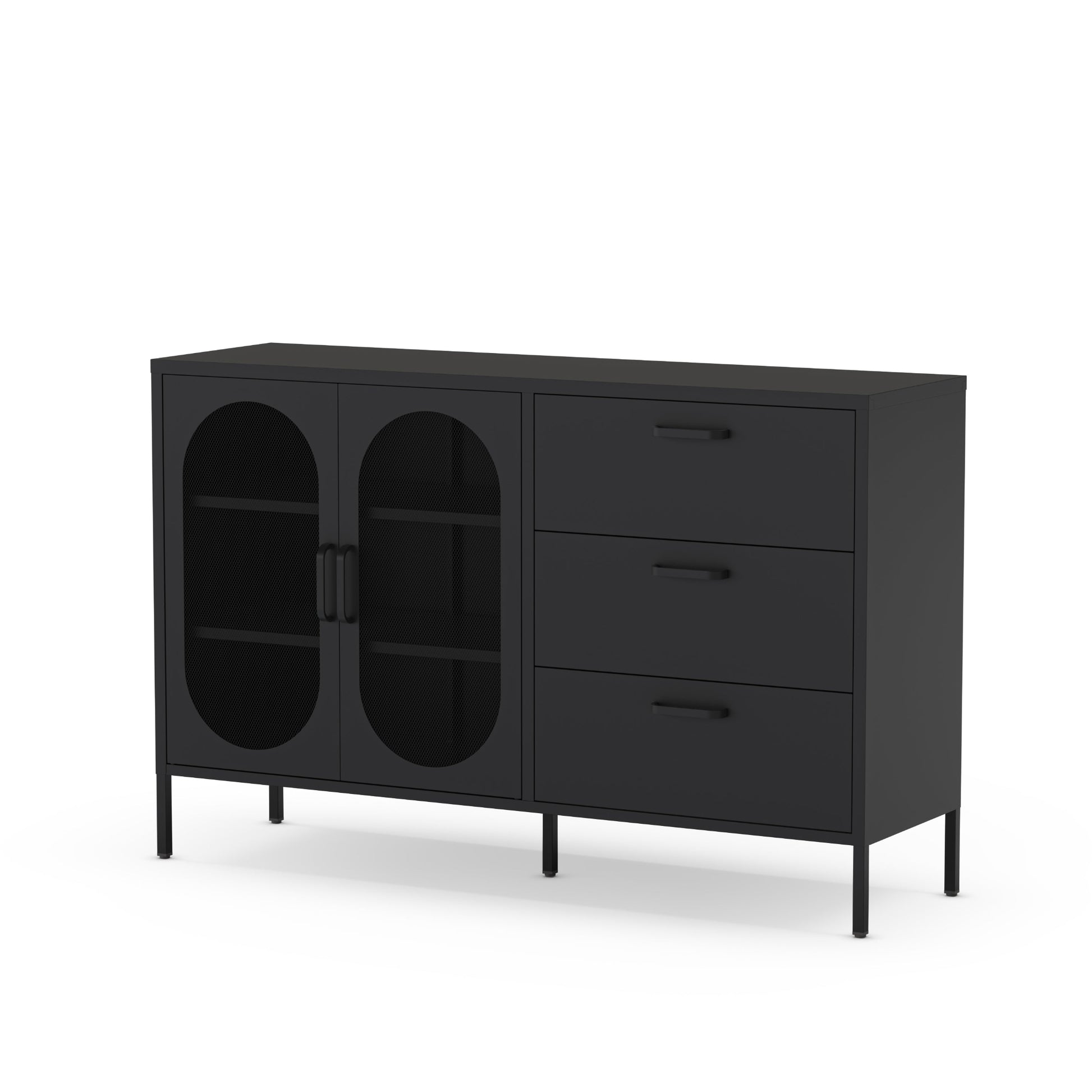 A modern black sideboard cabinet with two arched glass doors on the left and three drawers on the right, supported by slim black legs, shown on a white background.