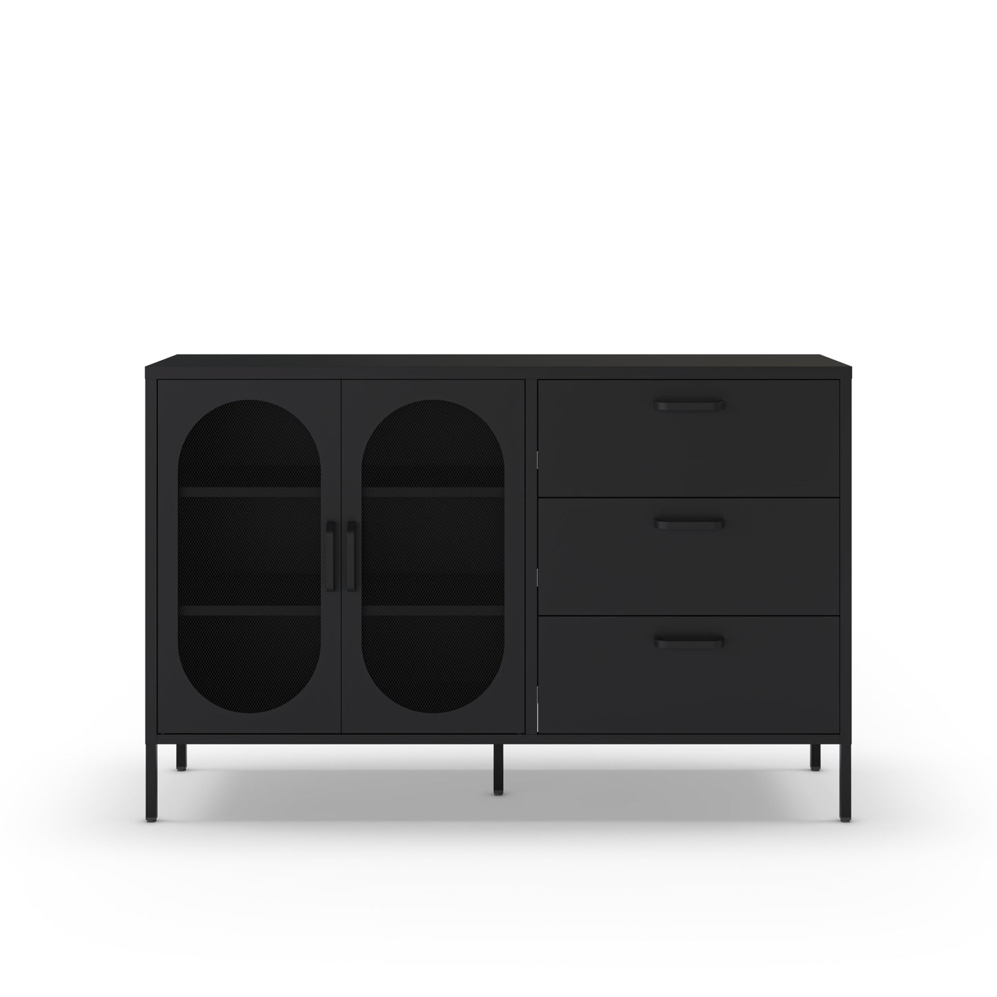 A modern black sideboard cabinet with two arched glass doors on the left and three drawers on the right, supported by slim black legs, shown against a plain white background.