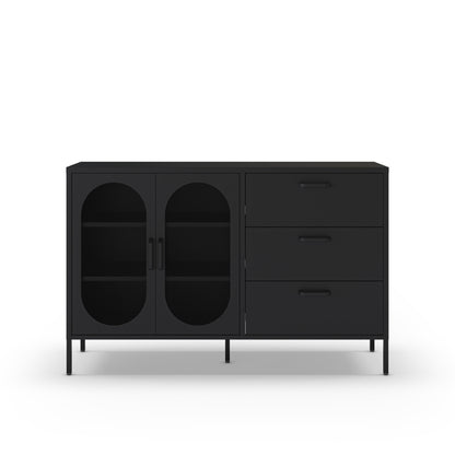 A modern black sideboard cabinet with two arched glass doors on the left and three drawers on the right, supported by slim black legs, shown against a plain white background.