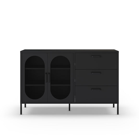 A modern black sideboard cabinet with two arched glass doors on the left and three drawers on the right, supported by slim black legs, shown against a plain white background.