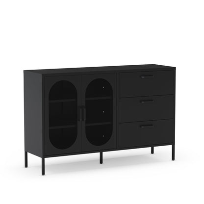 A modern black sideboard cabinet with two arched glass doors on the left and three drawers on the right, supported by slim black legs, shown on a white background.
