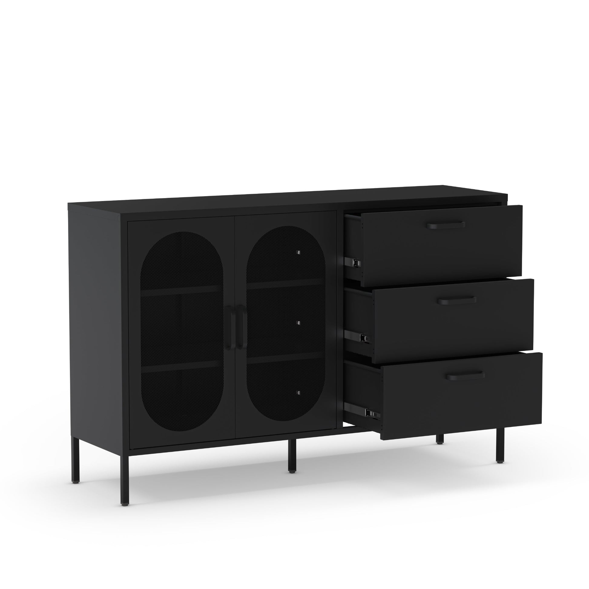 A modern black sideboard cabinet with two oval glass doors on the left and three drawers on the right, with two drawers pulled open, shown on a white background.