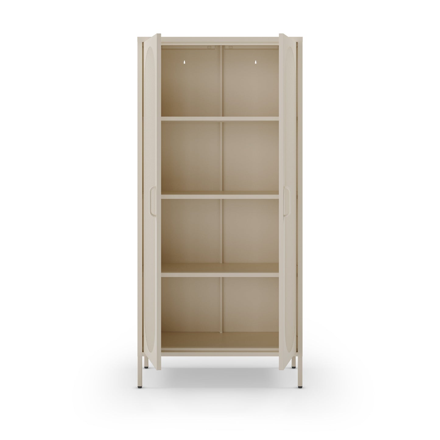 Beige metal cabinet with glass doors on a white background