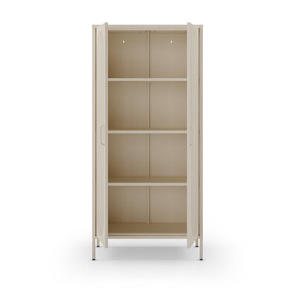 Beige metal cabinet with glass doors on a white background