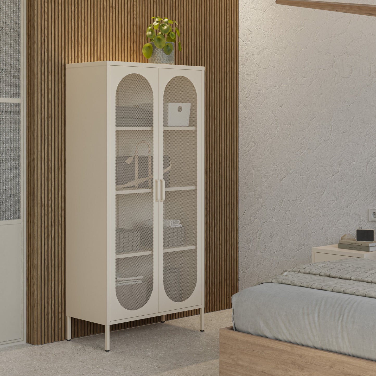 Beige cabinet with glass doors in a bedroom setting