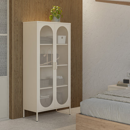 Beige cabinet with glass doors in a bedroom setting