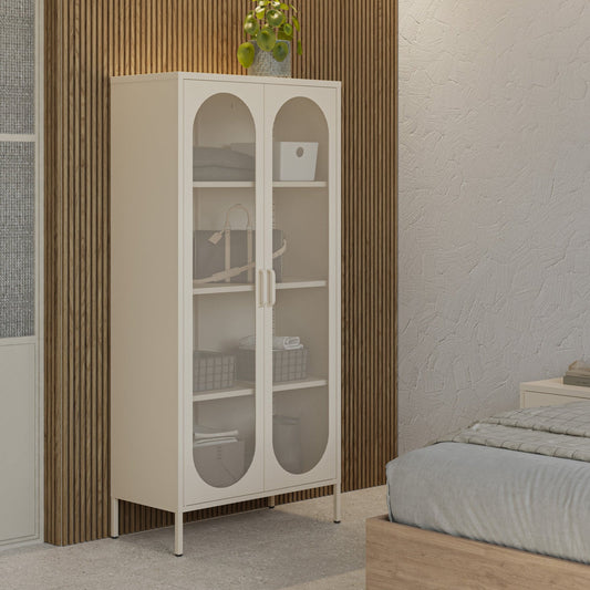 Beige cabinet with glass doors in a bedroom setting