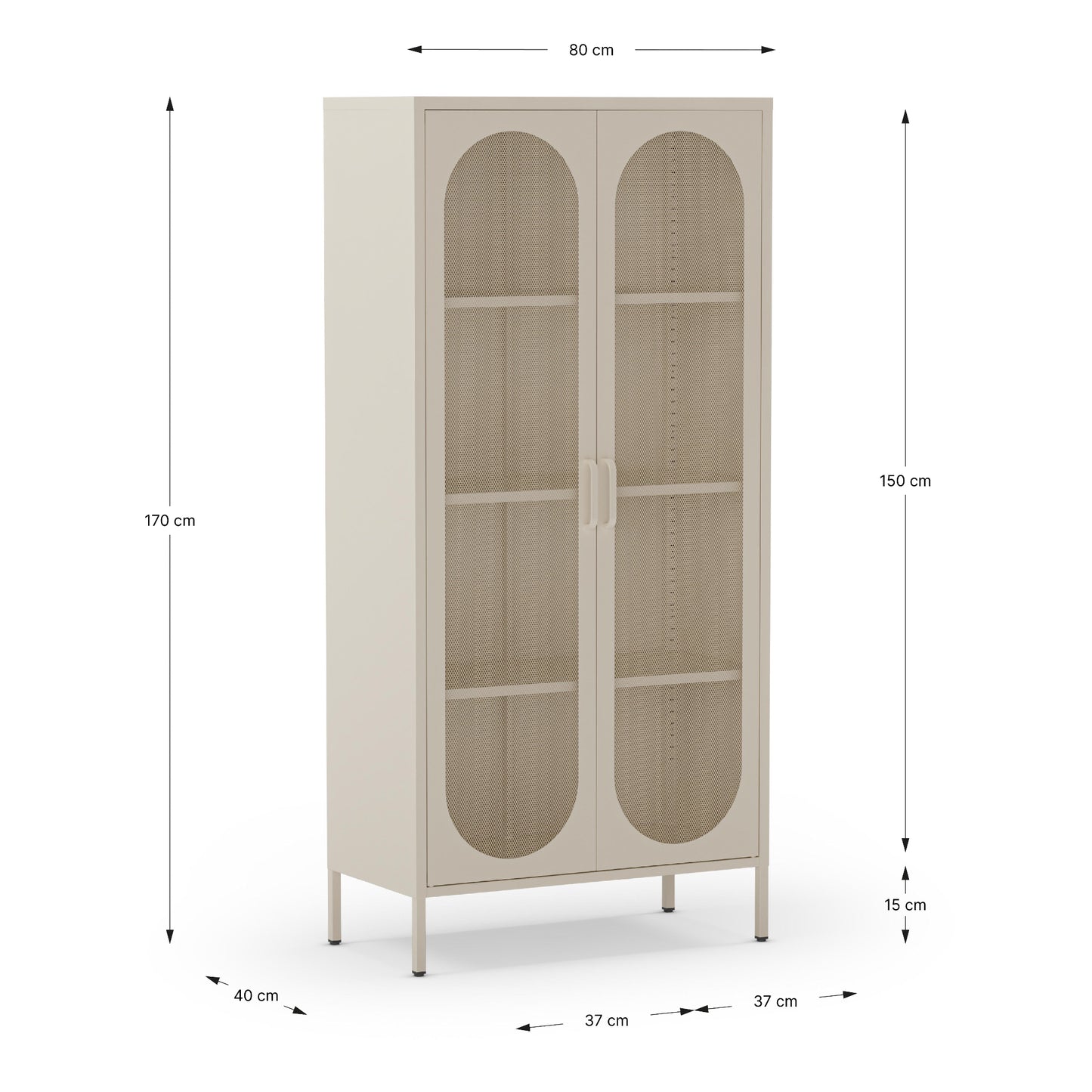 Beige cabinet with dimensions labeled on a white background
