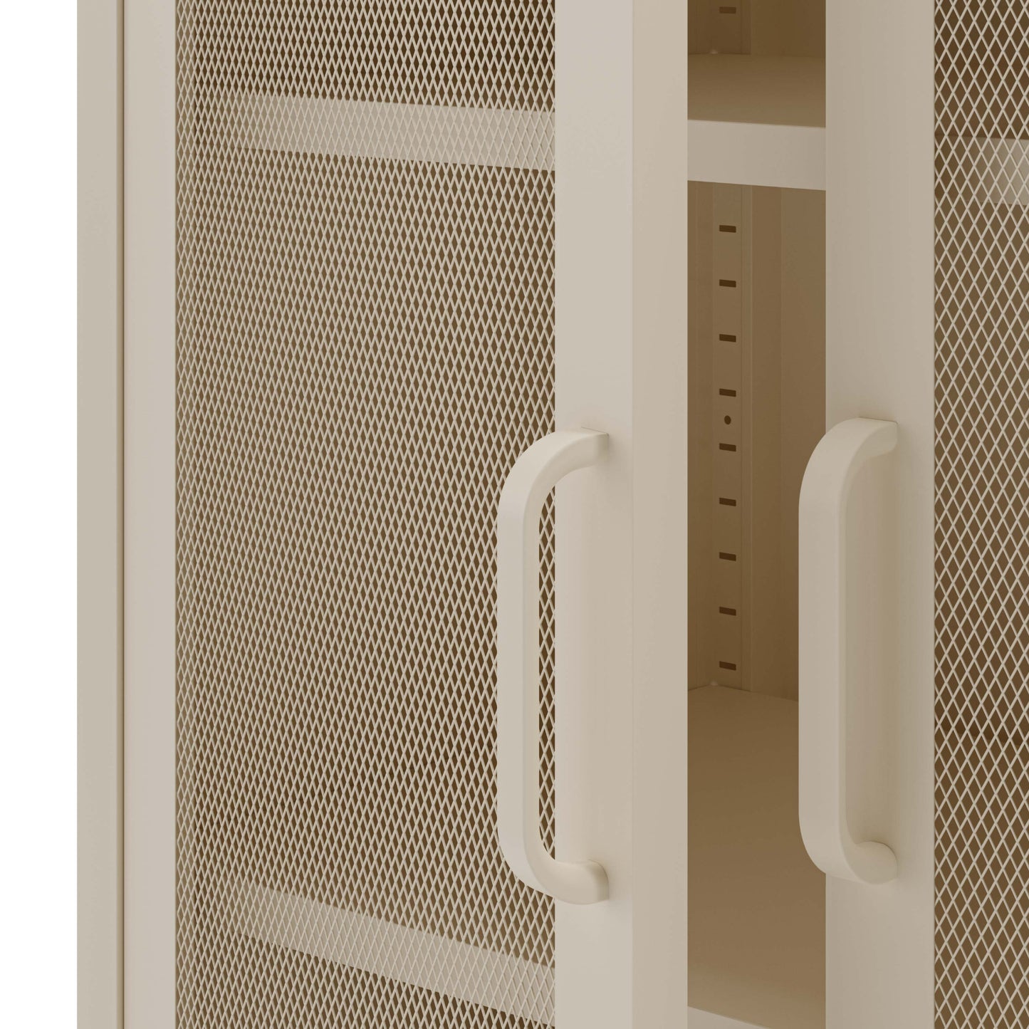 Beige mesh cabinet with white handles on a white background