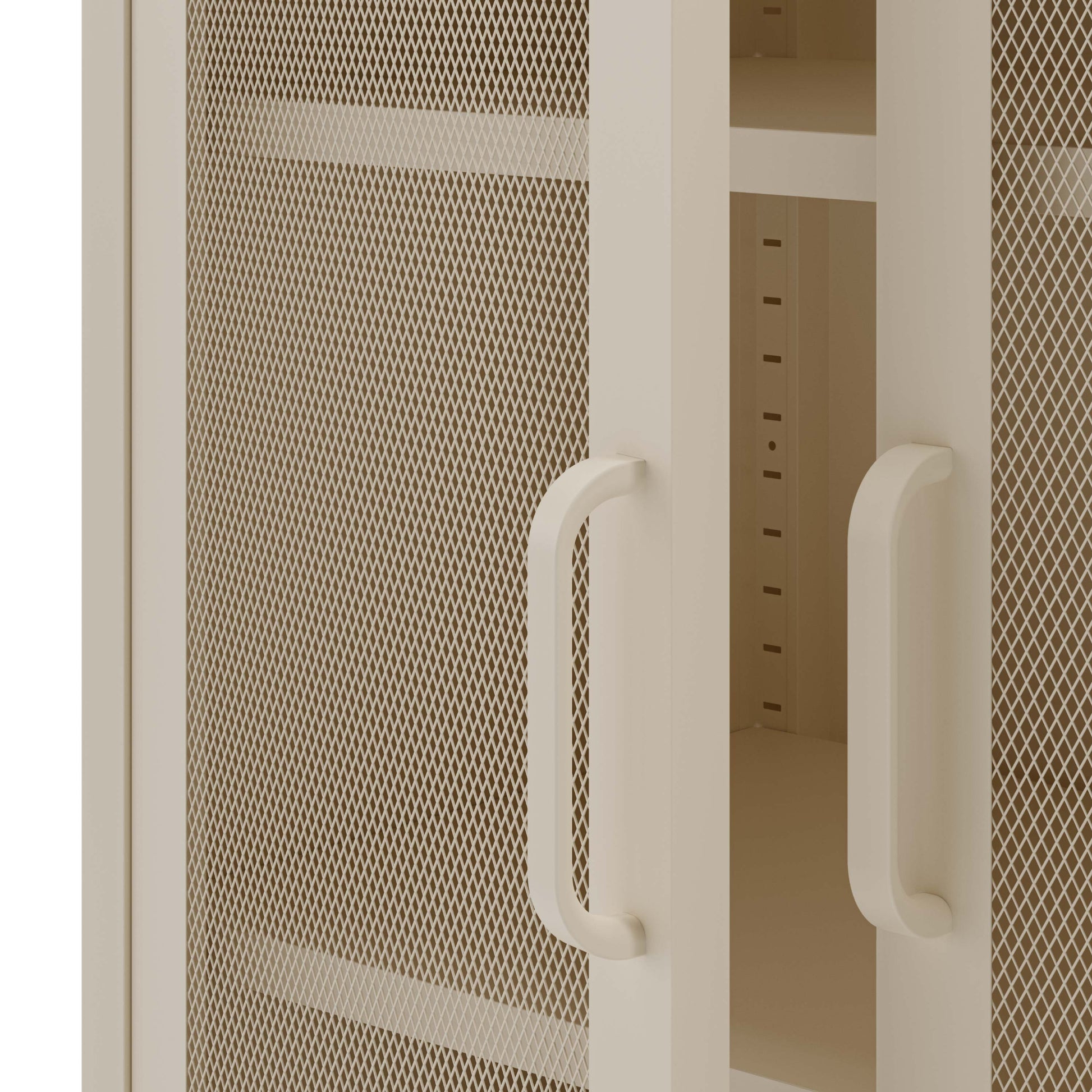 Beige mesh cabinet with white handles on a white background